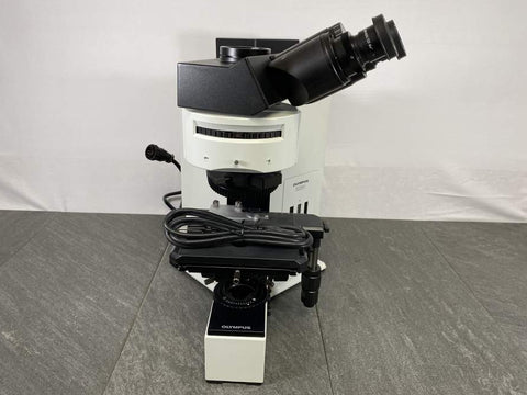 Front picture for Olympus BX60 F5 Microscope w Mercury Lamp U-ULS100 HG and U-LH100 with a power cord placed on top