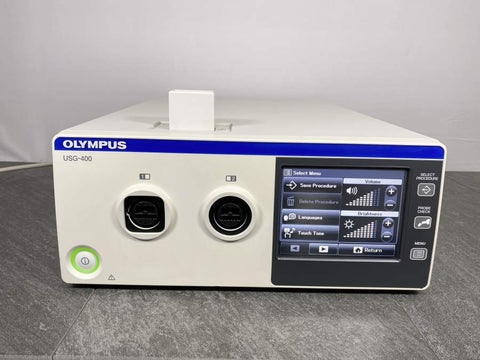 Front picture for Olympus USG-400 Ultrasonic Generator that shows the unit powers up 