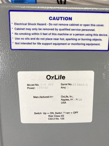 Picture of the label for OxLife L-6 OCI Portable Oxygen Concentrator