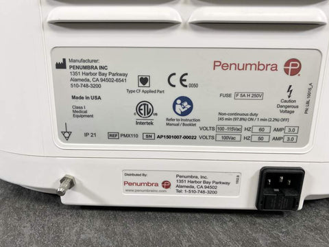 Picture of the label behind a Penumbra PMX110 Aspiration Vacuum Pump 