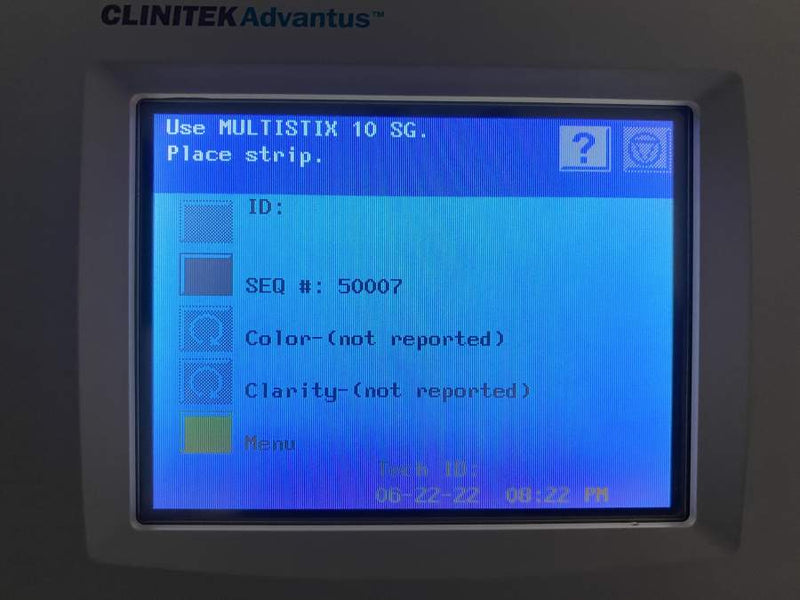 Picture of the screen for Siemens Diagnostics Clinitek Advantus Urine Chemistry Analyzer