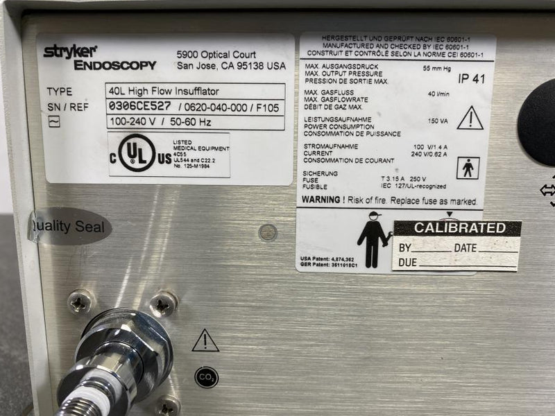 Picture of the label for the Stryker Medical 40L HighFlow Insufflator