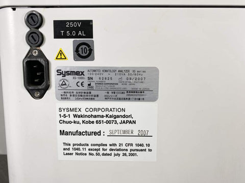 Picture of the label for Sysmex XS-1000i Automated Hematology Analyzer 