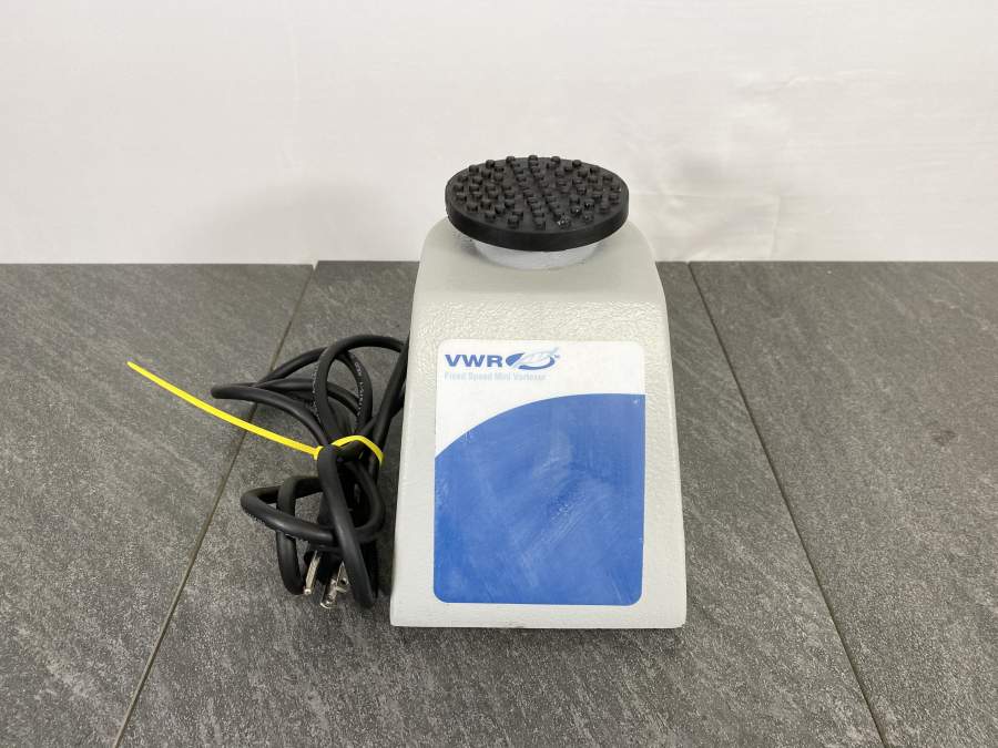 Front picture for VWR Fixed Speed Mini Vortexer 12620-838 with a power cord next to it 