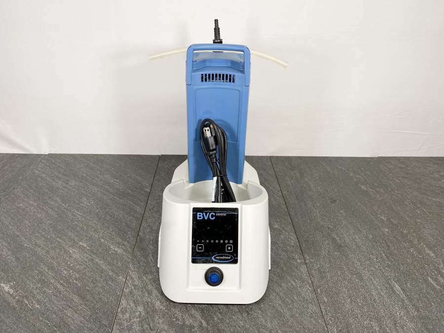 Front picture for Vacuubrand BVC Control Laboratory Fluid Aspirator Pump with a power cord placed on it